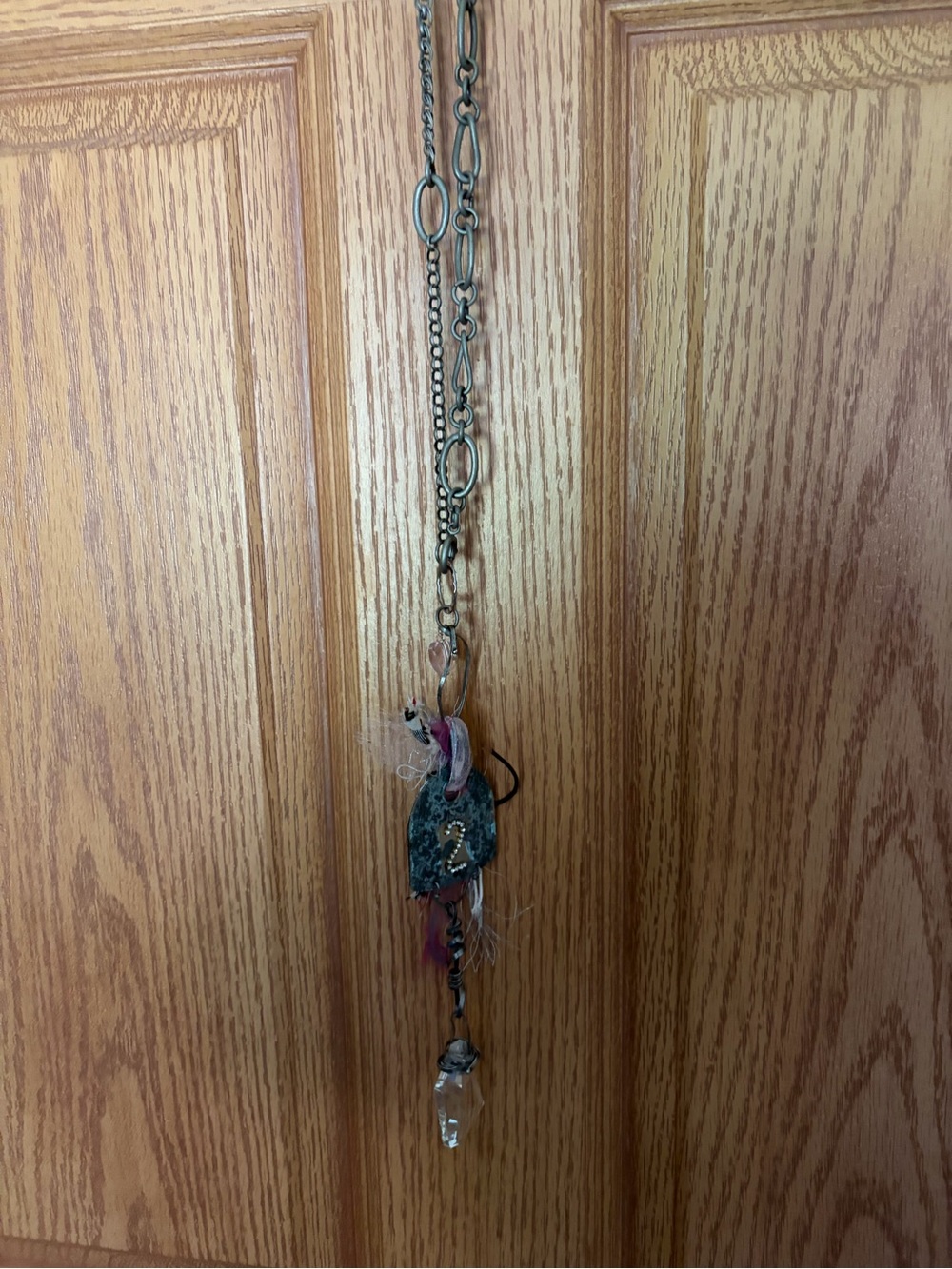 Up Cycled Silver Chain Pendant Necklace with Pink Accents- with crystal prism - Picture 2 of 4